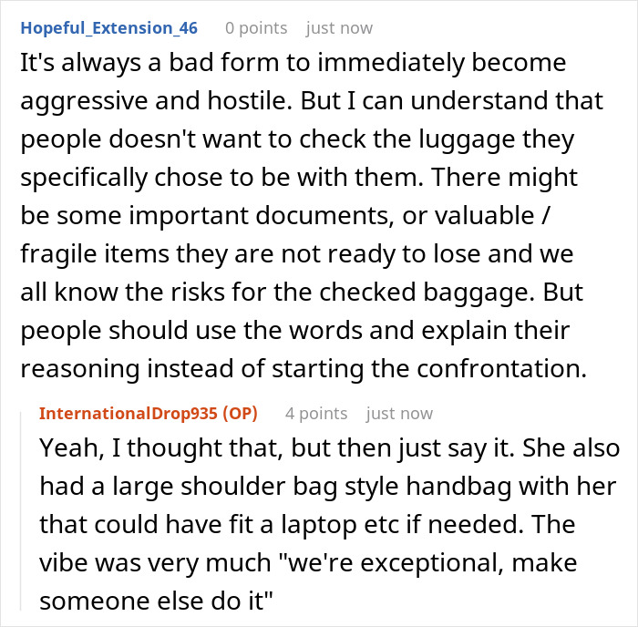 Entitled British woman becomes hostile over airline luggage policy, causing emotional distress to airline worker.