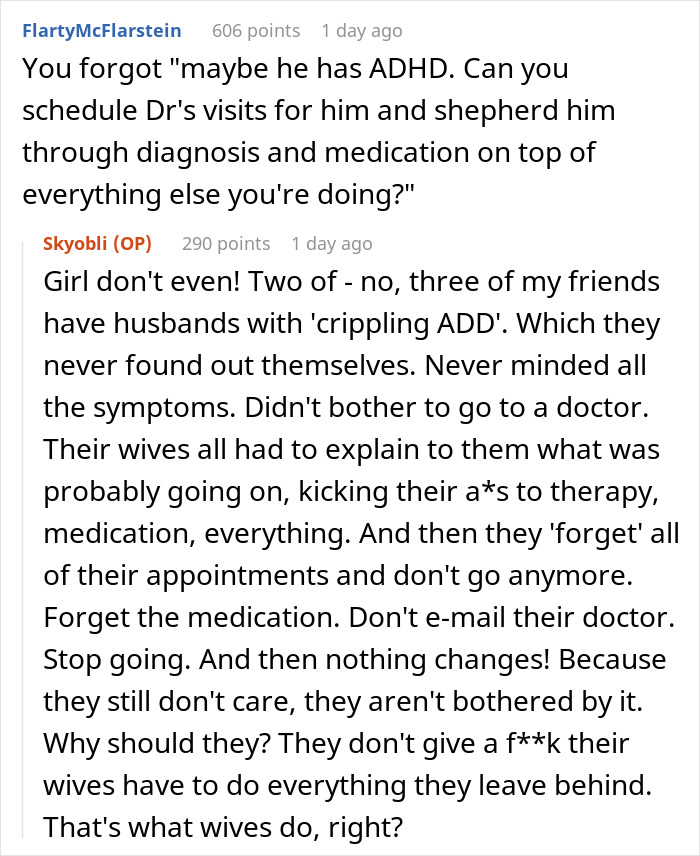 Reddit conversation about single woman noticing the pattern men in relationships follow regarding ADHD and responsibility.