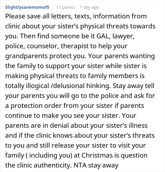 Comment advising to document sister&rsquo;s threats and seek legal help to protect family before reuniting for Christmas.