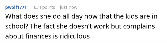 Comment on SAHM feeling poor despite husband giving 1K/month as fun money, discussing stay-at-home mom finances and job expectations.