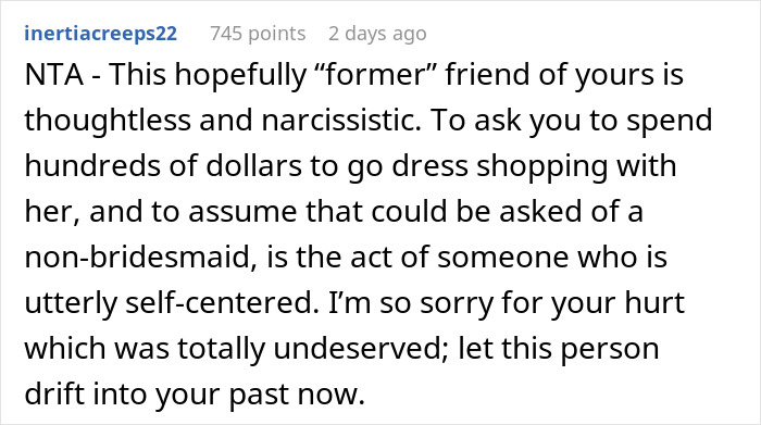 Text-based post discussing a painful friendship wake-up call during a wedding dress shopping trip. Text-based post discussing a painful friendship wake-up call during a wedding dress shopping trip.