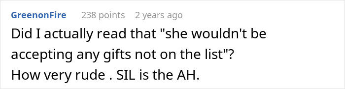 Screenshot of a Reddit comment discussing SIL Christmas gift list and opinions on gift acceptance rules.