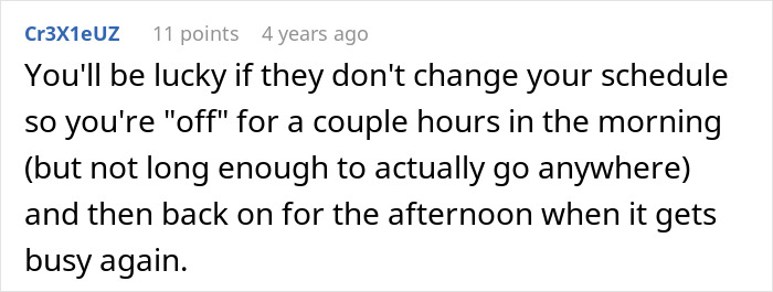 Comment explaining how a manager forces a coffee shop worker to follow rules, leading to schedule changes and backfiring the next day.