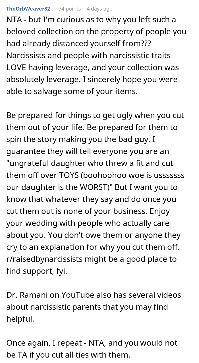 Text discussing cutting off narcissistic parents after planning a small wedding and their revenge reactions. Text discussing cutting off narcissistic parents after planning a small wedding and their revenge reactions.