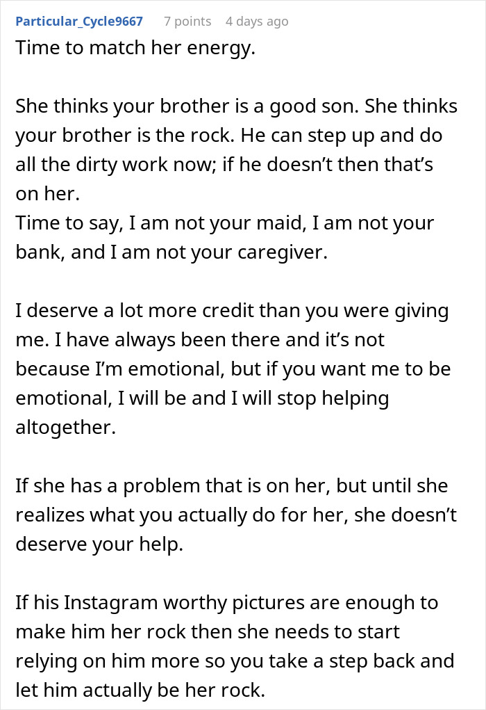 Woman doesn&rsquo;t see how much daughter is doing for her, blinded by flowers from son in family conflict discussion.