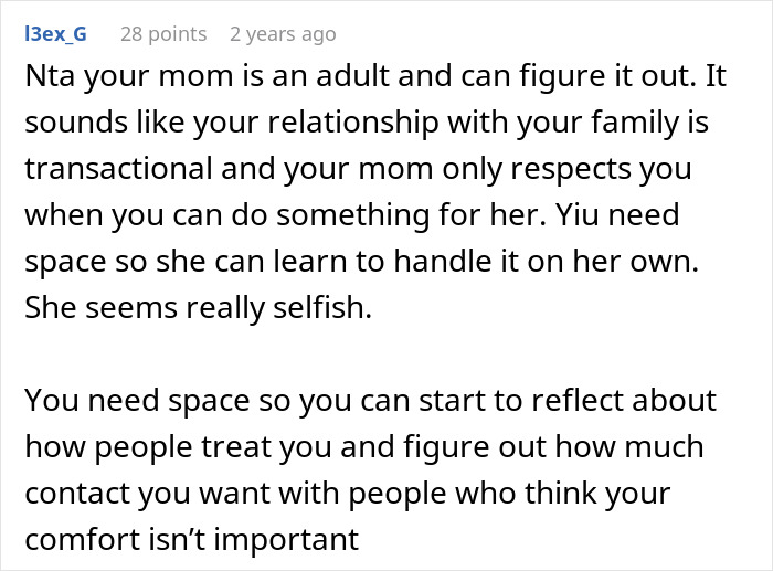 Reddit comment advising a 23-year-old on family dynamics and lack of childcare support after moving out.