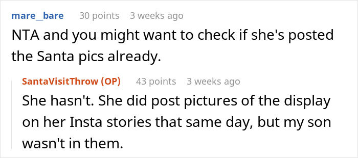 Chat conversation discussing concerns about step-grandma sneaking baby to Santa and potential consequences.