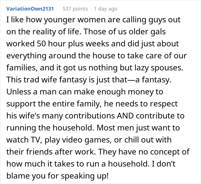 Comment discussing toxic man venting about traditional wives and criticism of his flawed logic in household roles and expectations.