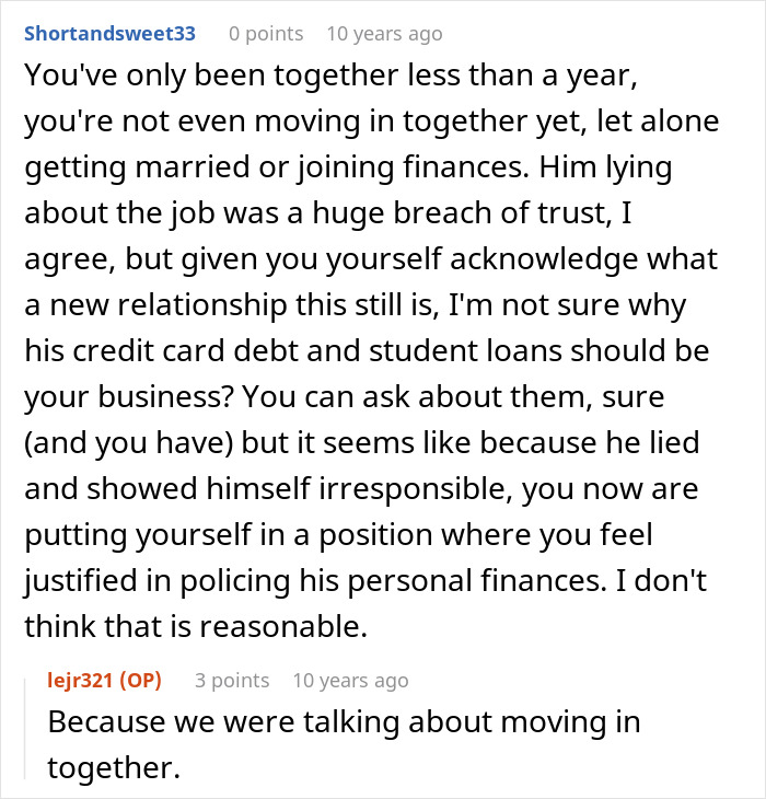 Screenshot of a forum discussion where a woman finds out her boyfriend built their relationship on lies about finances.