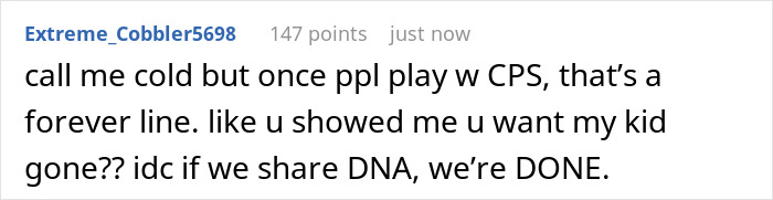 Screenshot of a Reddit comment discussing a mother&rsquo;s anger after her sister called CPS on her autistic son.