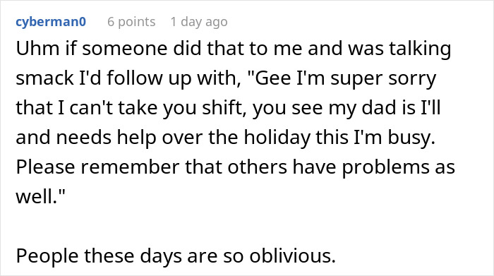 Screenshot of a Reddit comment discussing entitlement to a day off on Christmas because of kids.