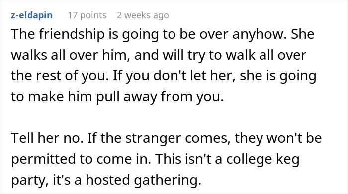 Text from a user explaining boundaries about inviting random people to a hosted gathering, affecting friendship and holiday plans.