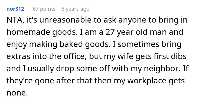 Comment discussing the opinion on bringing homemade goods vs store-bought desserts to an office potluck.