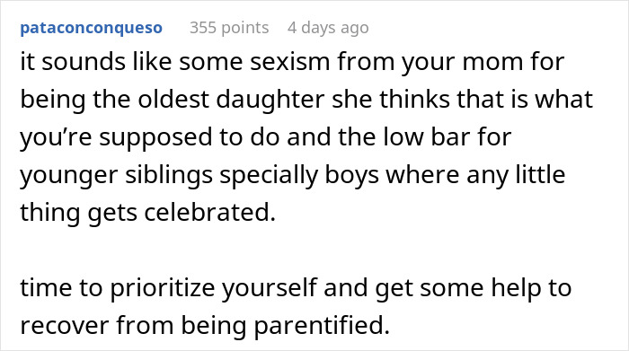 Comment highlighting how the woman is blinded by flowers from her son while overlooking her daughter&rsquo;s efforts.