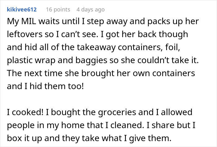 Comment discussing a couple hosting an expensive Thanksgiving dinner and dealing with missing leftovers after guests leave. Comment discussing a couple hosting an expensive Thanksgiving dinner and dealing with missing leftovers after guests leave.