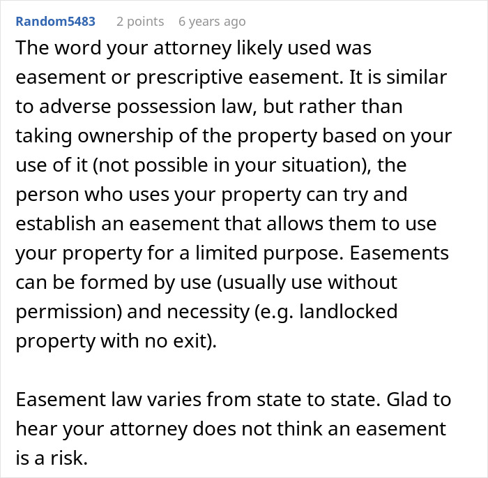Comment explaining easement law related to property use, relevant to Karen Petty fence revenge dispute.