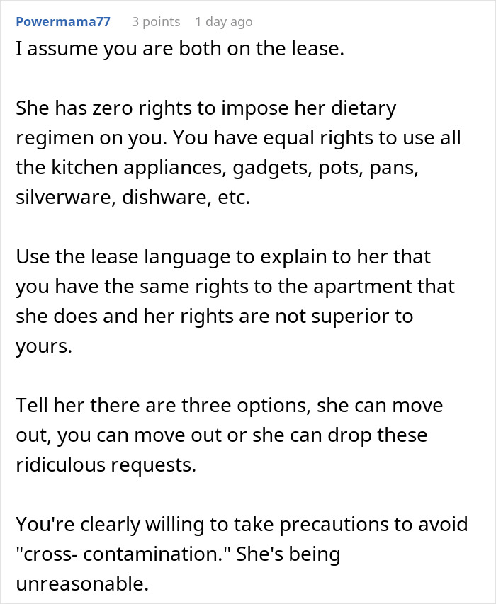 Commenter advises standing up against roommate's strict vegan rules in shared kitchen and refusing to be called selfish.