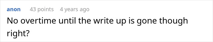 Screenshot of an online comment discussing overtime related to a manager forcing coffee shop worker to follow rules.