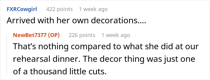 Screenshot of a forum conversation discussing mil demands and wedding venue changes causing stress and conflict.