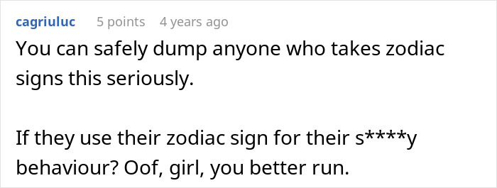 Comment discussing dumping a boyfriend over zodiac sign obsession and blaming behavior on being a Cancer.