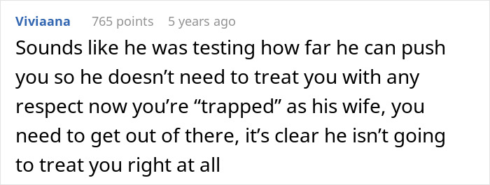Comment explaining how a woman's marriage fell apart within two weeks after her husband ruined their wedding.