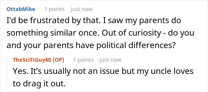 Reddit comments discussing parents letting friends sit at main Thanksgiving table while son is placed at overflow table.