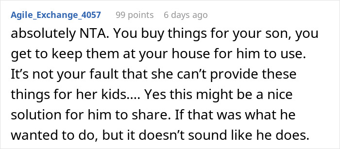 Screenshot of a Reddit comment defending a dad trying to protect his son’s gift from his ex’s new family drama. Screenshot of a Reddit comment defending a dad trying to protect his son’s gift from his ex’s new family drama.