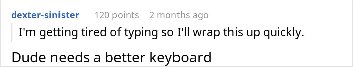 Text post showing user saying he is tired of typing and a comment about needing a better keyboard after lending a spare keyboard.