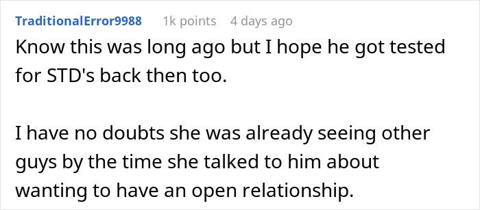 Reddit comment discussing a man&rsquo;s fianc&eacute;e&rsquo;s unexpected request about open relationships months before their wedding.