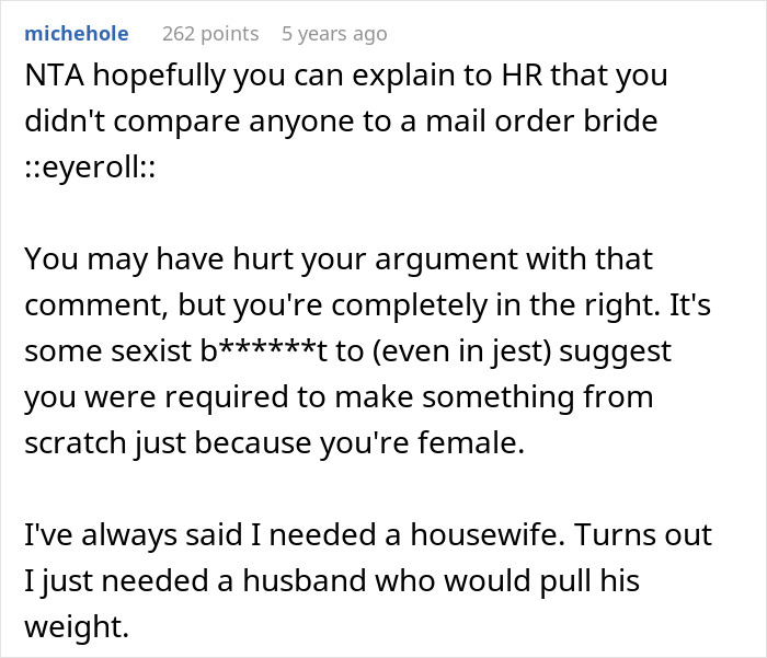 Reddit comment discussing office potluck store bought dessert drama and sexism in expectations for homemade dishes.