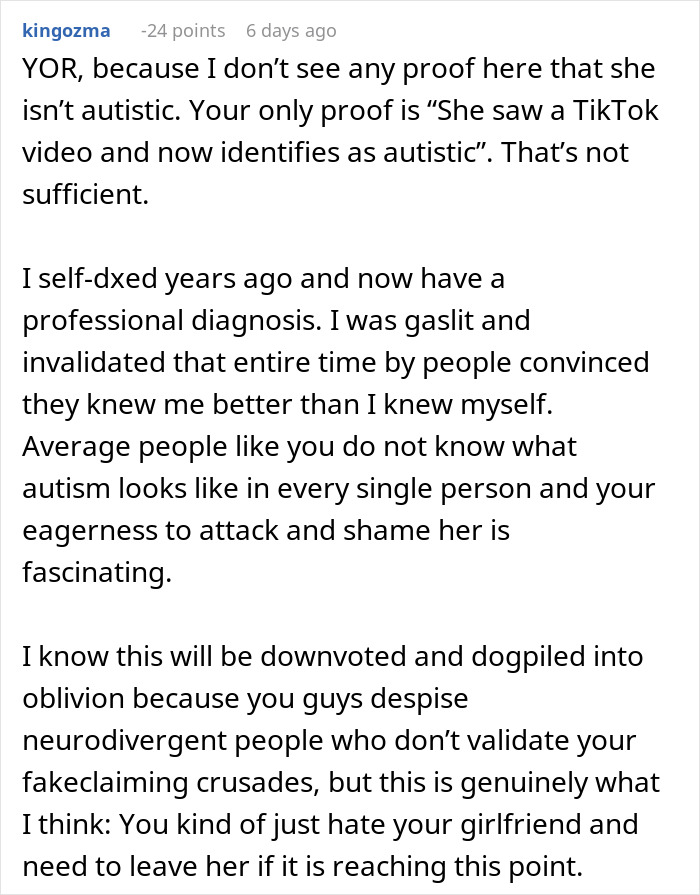 Comment discussing self-diagnosed autism and challenges in relationships with neurodivergent partners.