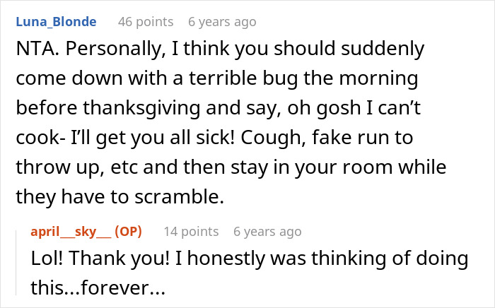 Reddit comment thread suggesting faking illness, woman cancels Thanksgiving after in-laws mock her food