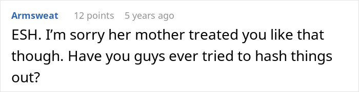 Screenshot of a user comment apologizing for family mistreatment in a discussion about homophobic MIL excluding woman from photos.