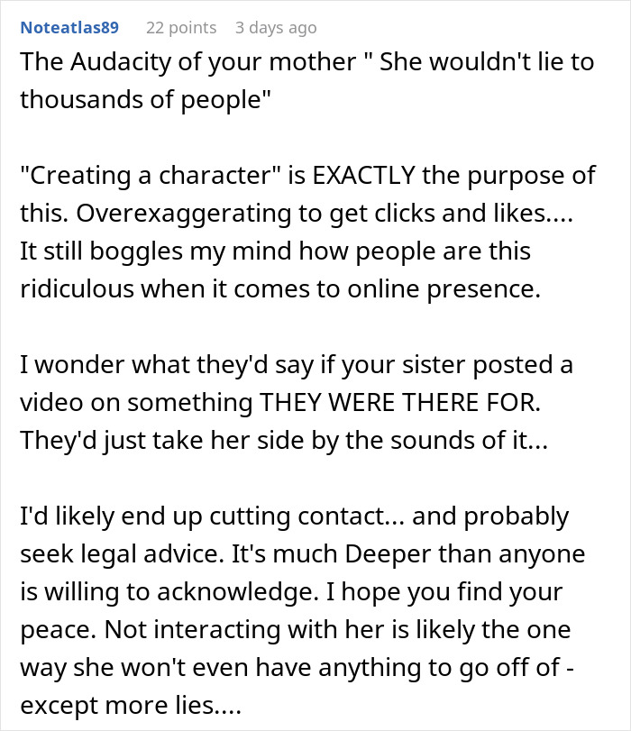 Reddit comment discussing anger over sister building TikTok fame by lying and creating exaggerated online character.