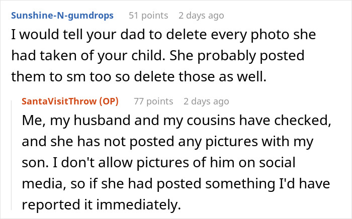 Screenshot of an online discussion about step-grandma sneaking baby to Santa and losing babysitting privileges forever.