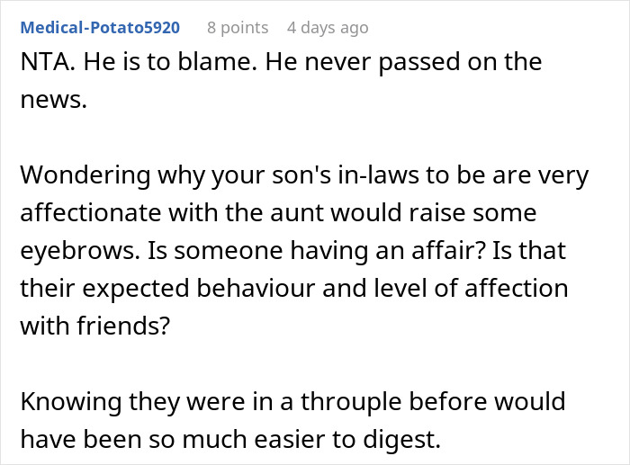 Reddit comment discussing blame and suspicion involving son&rsquo;s in-laws and family dynamics during a tense holiday dinner.