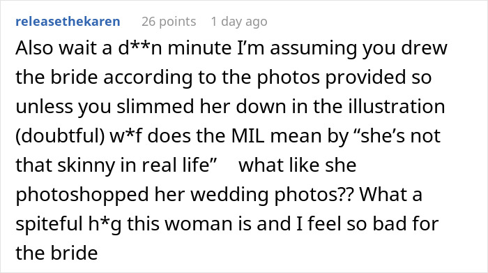 Comment discussing MIL&rsquo;s plan to make the bride look ugly in wedding illustration, artist questions photo accuracy.