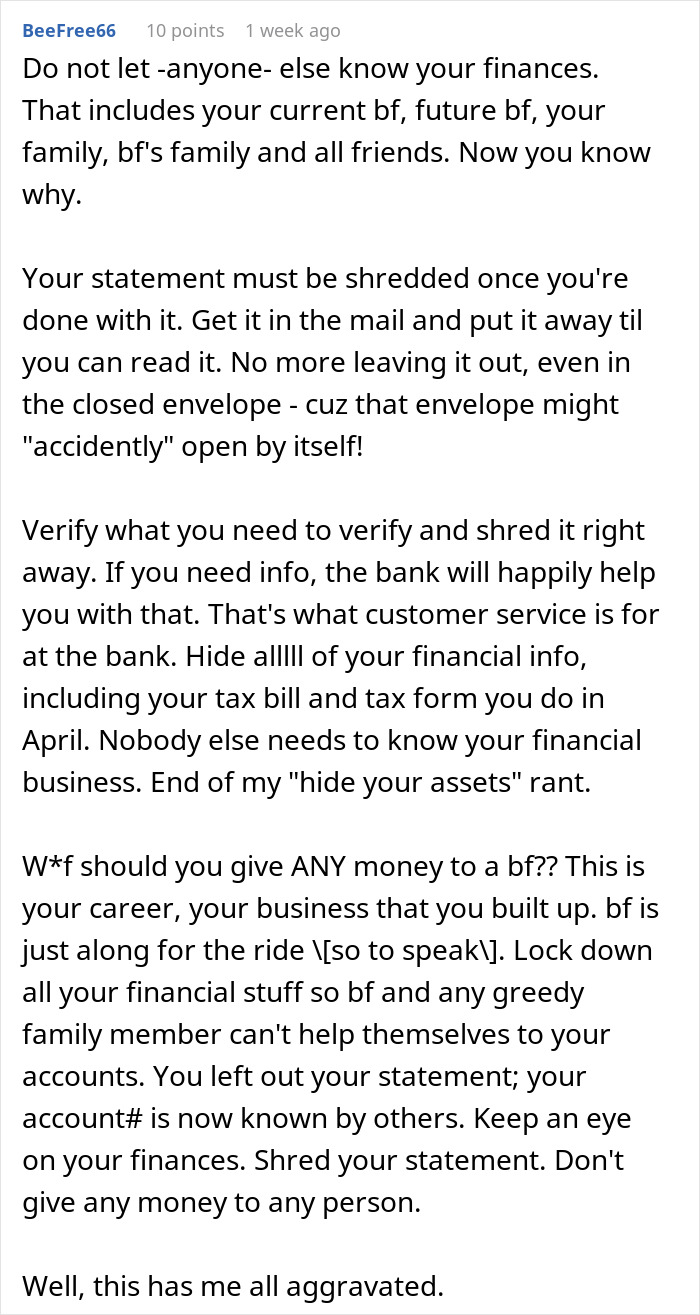 Text advice from a user about protecting finances and concerns related to entitled mother, expenses, and splitting costs with son&rsquo;s girlfriend.