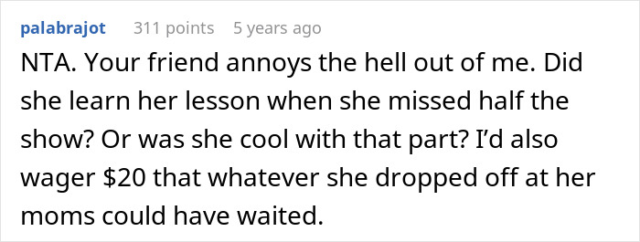 Screenshot of a Reddit comment discussing a lady’s unpunctual friend painting her nails before the event. Screenshot of a Reddit comment discussing a lady’s unpunctual friend painting her nails before the event.