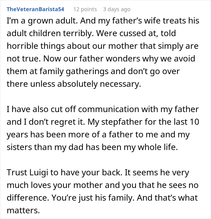 Reddit comment about adult children facing insecurity and mistreatment from stepmother revealing true colors in family dynamics.
