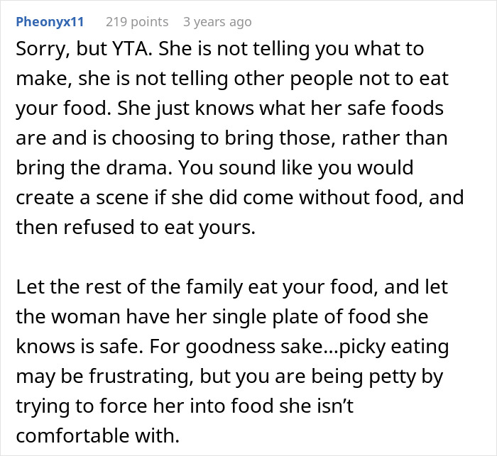 Comment discussing a picky-eater MIL bringing her own food to Thanksgiving and the resulting family tension. Comment discussing a picky-eater MIL bringing her own food to Thanksgiving and the resulting family tension.