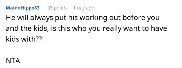 Comment expressing concern about a husband risking their future child's health by prioritizing working out. Comment expressing concern about a husband risking their future child's health by prioritizing working out.