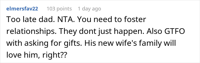 Reddit comment discussing a dad cutting off late wife&rsquo;s family and teen calling him out for new baby demands.