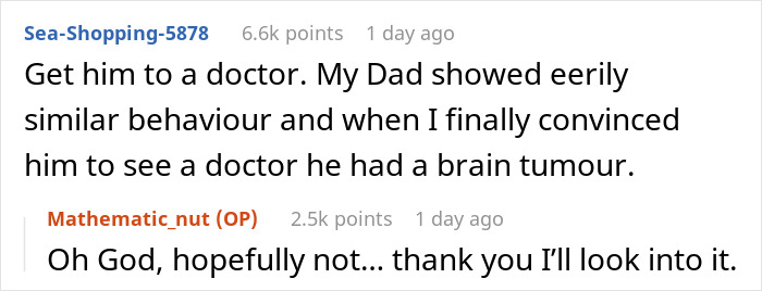 Reddit comment screenshot reading Get him to a doctor, woman says boyfriend forgets her, commenters express worry