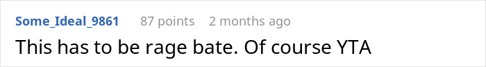 Forum comment text displayed on a white background, discussing a disagreement with the statement This has to be rage bate. Of course YTA. Babysit sister kids hockey topic.