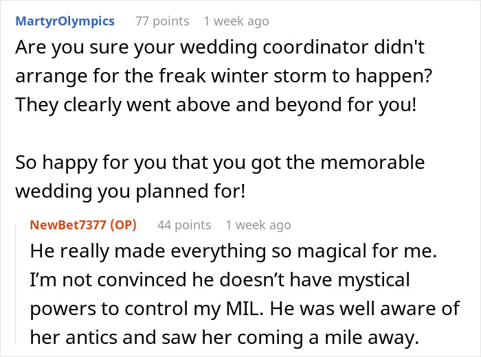 Comments about mil demands wedding venue changes stuck storm showing appreciation for a memorable wedding despite challenges.