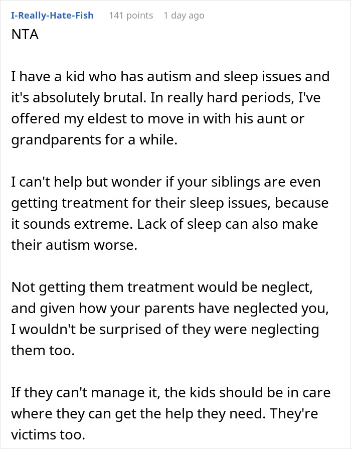 Reddit comment about an exhausted teen losing sleep due to autistic siblings screaming and CPS involvement Reddit comment about an exhausted teen losing sleep due to autistic siblings screaming and CPS involvement