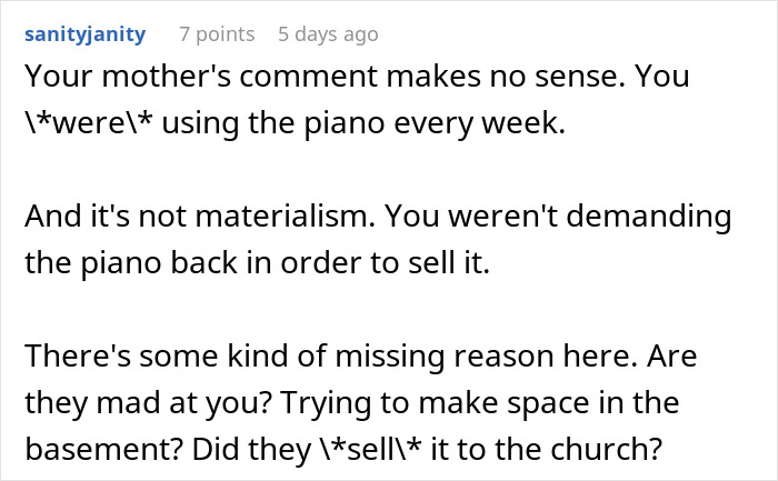 Reddit comments discussing parents donating daughter's inherited piano to church and her asking to take it back.