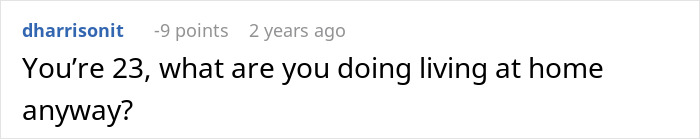 Text post showing a user questioning a 23-year-old about living at home amid family and childcare conflicts.