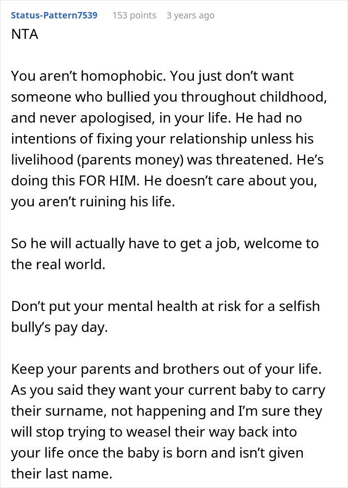 Comment advice on a gay bro treating his sister poorly and consequences with parents disowning him.